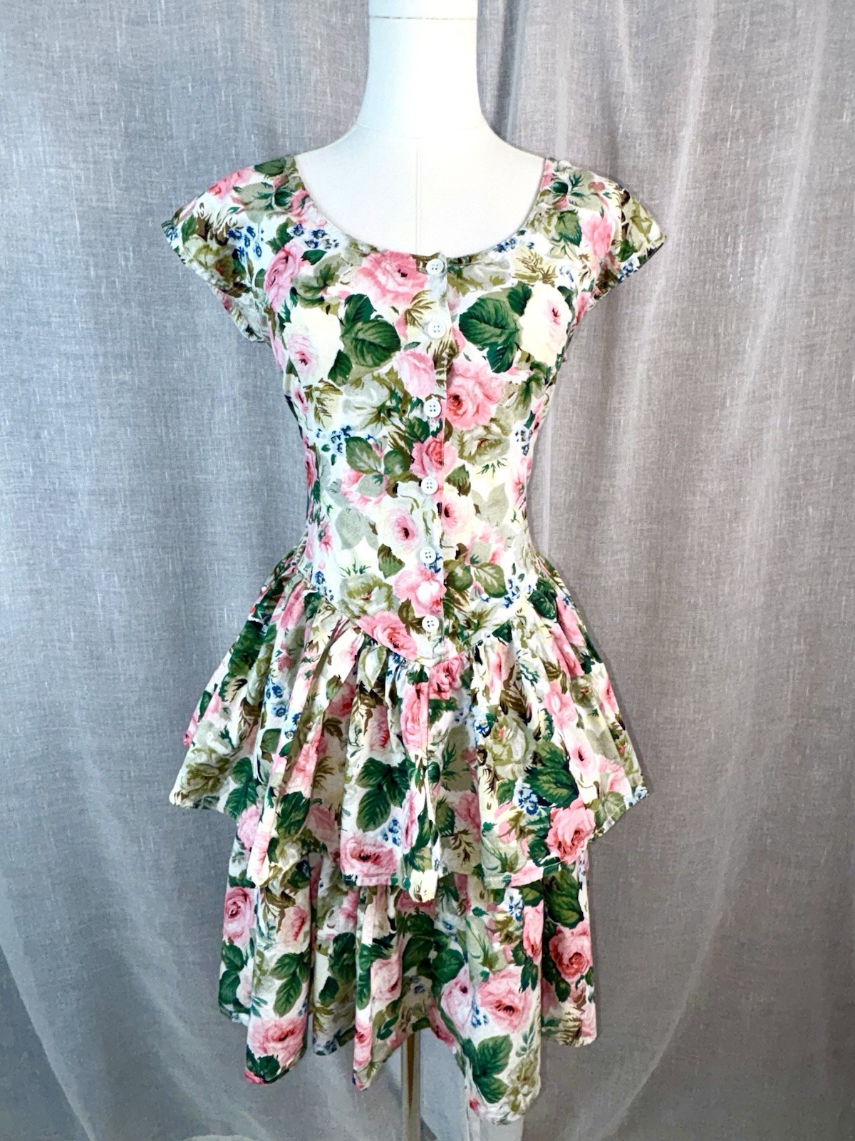 Vintage 80s Cotton Tiered Dress Rose Floral Coquette Fairy Cottagecore Sz Large