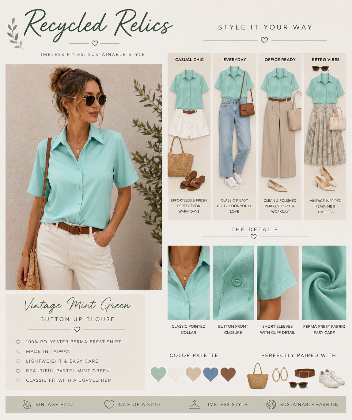 C1 80s Mint Green Button Up Blouse Short Sleeve Pointed Collar SZ 16 M/L SEARS