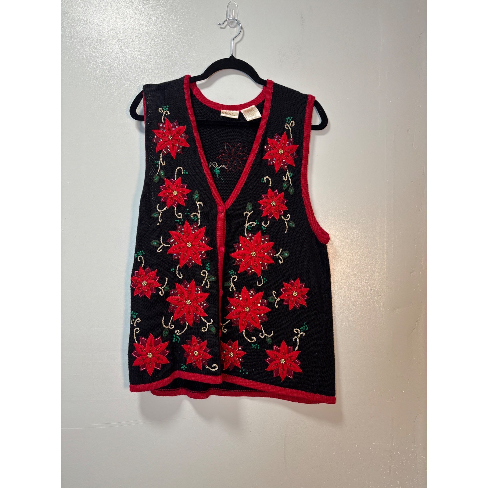 Bobbie Brooks Vintage Christmas Poinsettia Beaded Sweater Vest Large Black Red