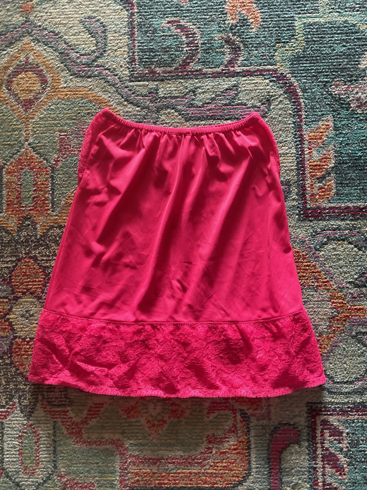 Vtg 60’s or 70’s Half Slip Nylon & Lace Magenta Hot Pink Sz S/M Side Lace Panels