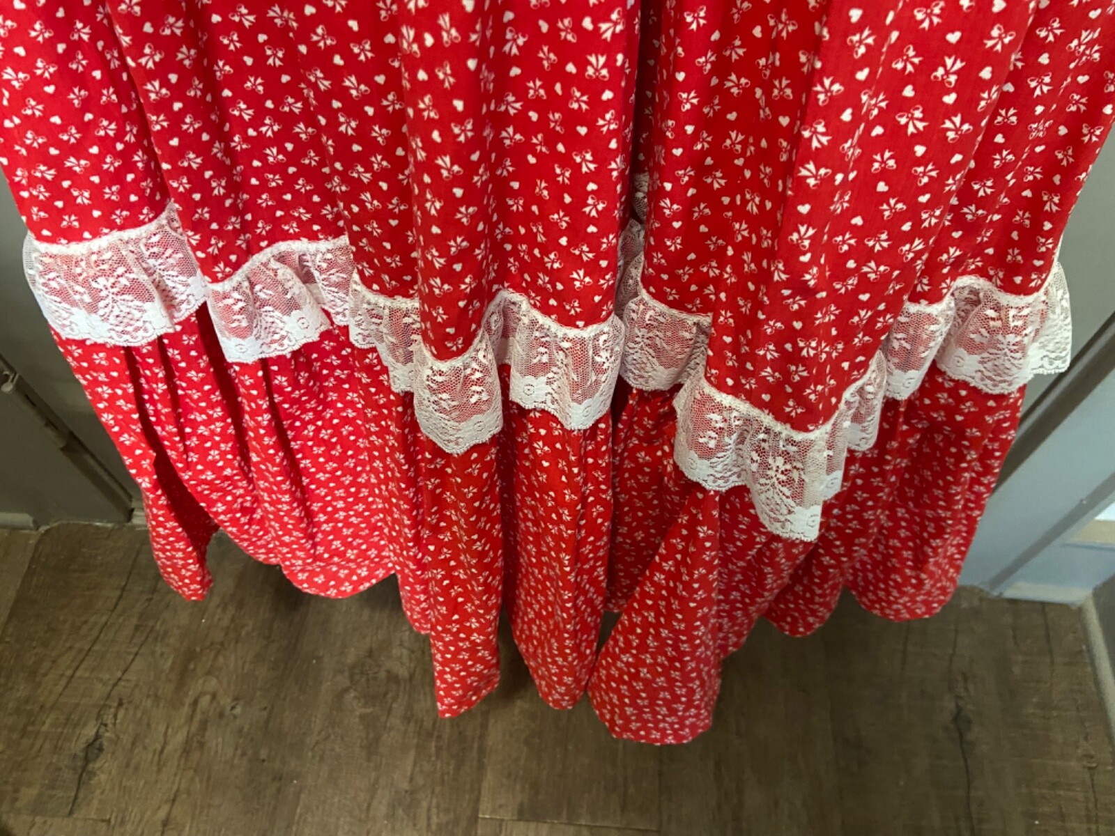 Handmade Red Bow Prairie Amish Dress Lace Costume Cottage Core SZ L..12/14 READ
