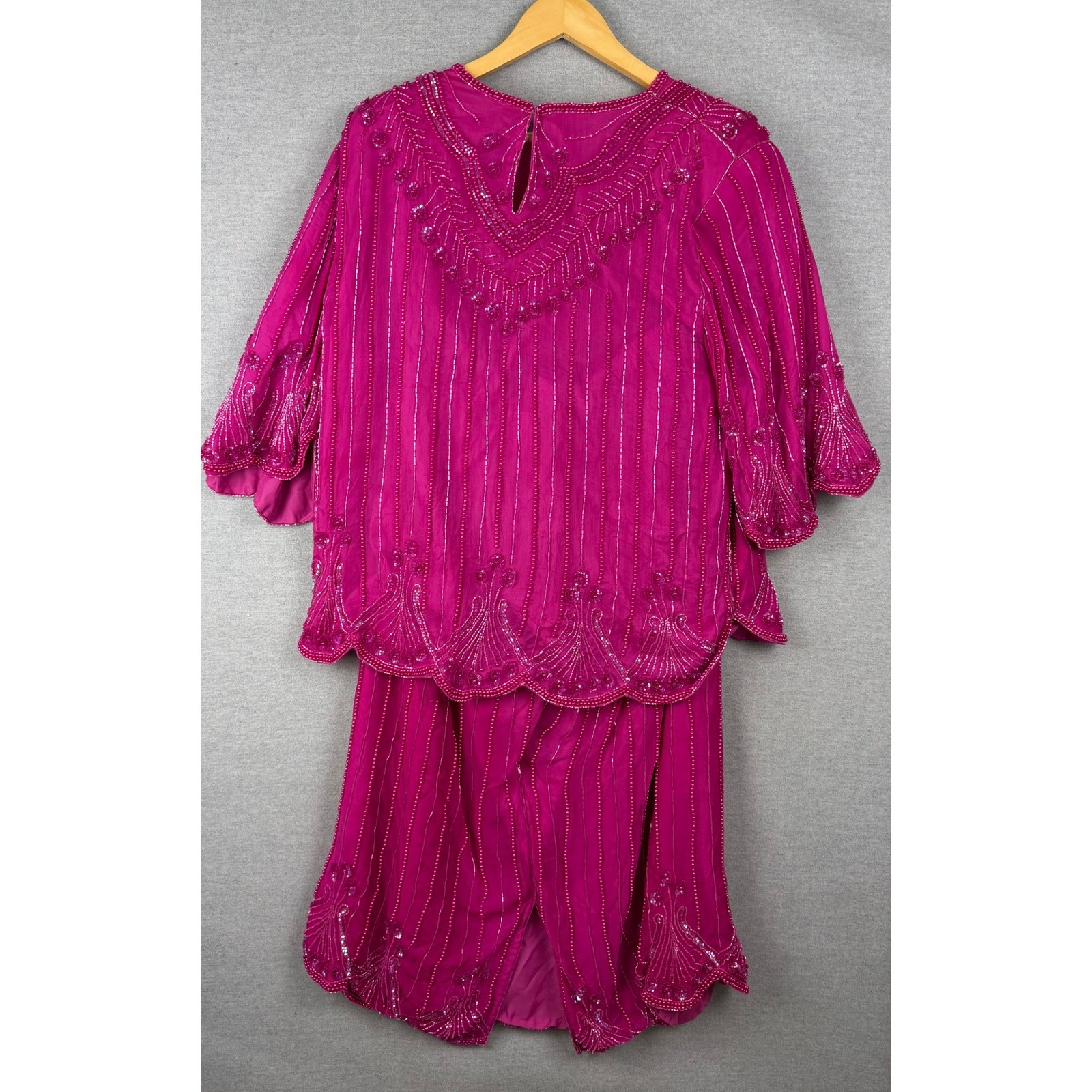 Vintage Scala Magenta Pink Beaded Silk 2 Piece Set Blouse Skirt Sequin Formal L