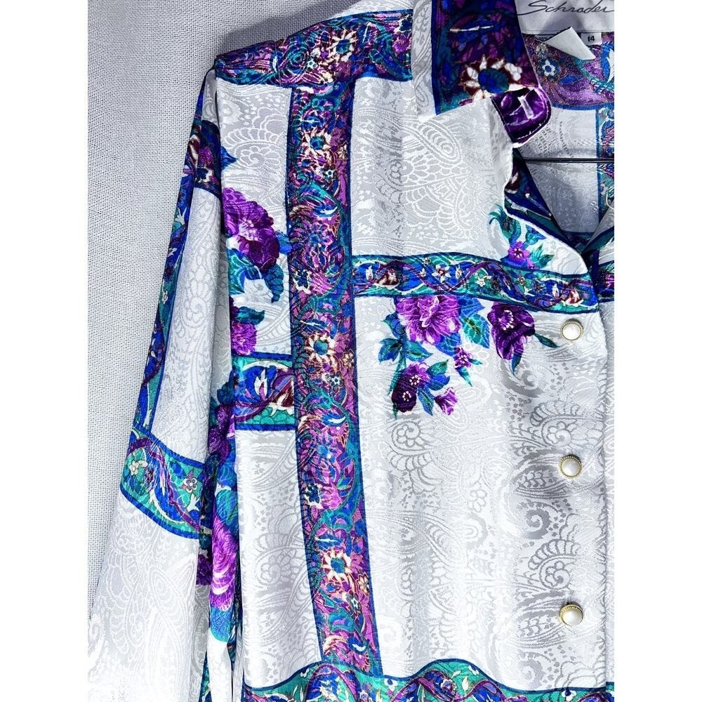 Vintage 80s Schrader Silver Purple Floral Satin Long Sleeve Midi Dress