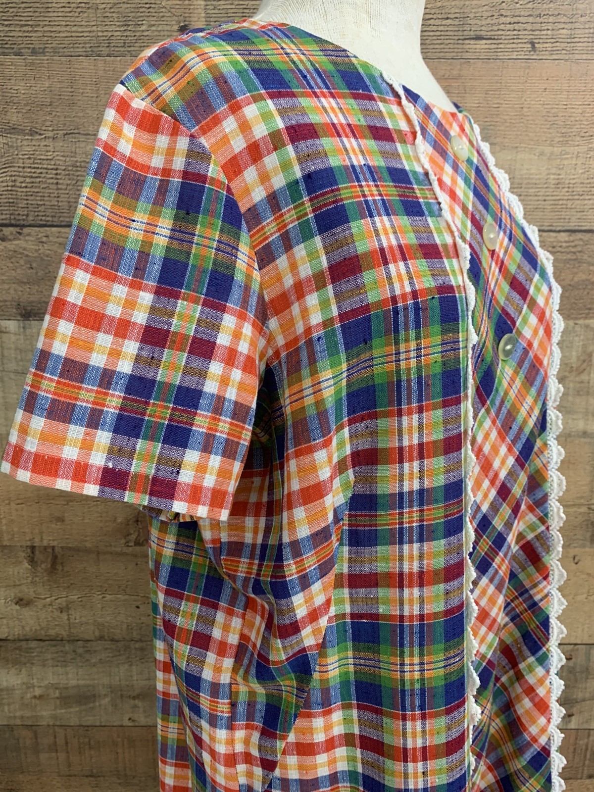 Vintage 1960s Mod Bright Plaid Woven Cotton House Dress 48” Bust /48” Waist