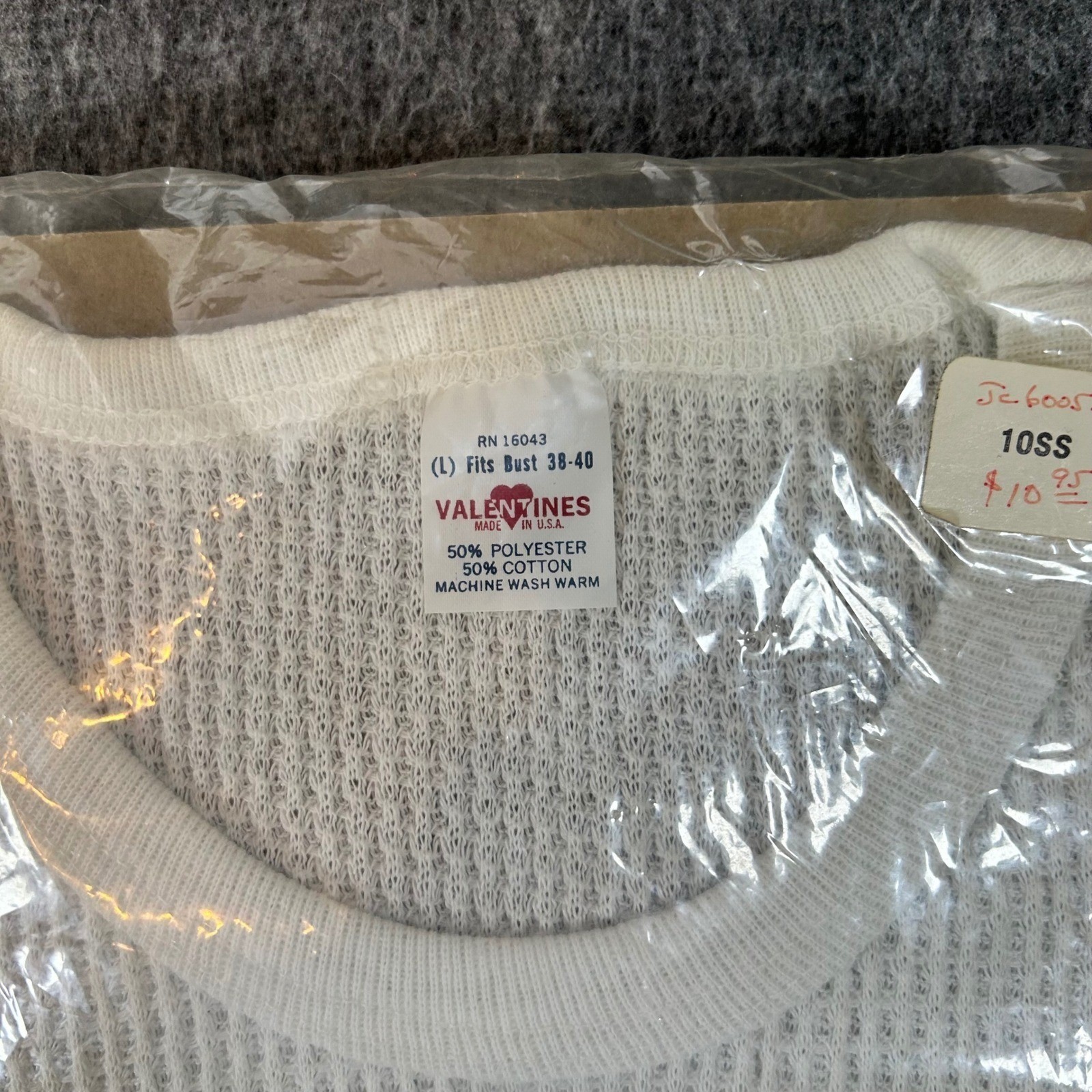 Vintage Valentines Thermal Top Waffle Knit Off White Made in USA Large NOS 80s