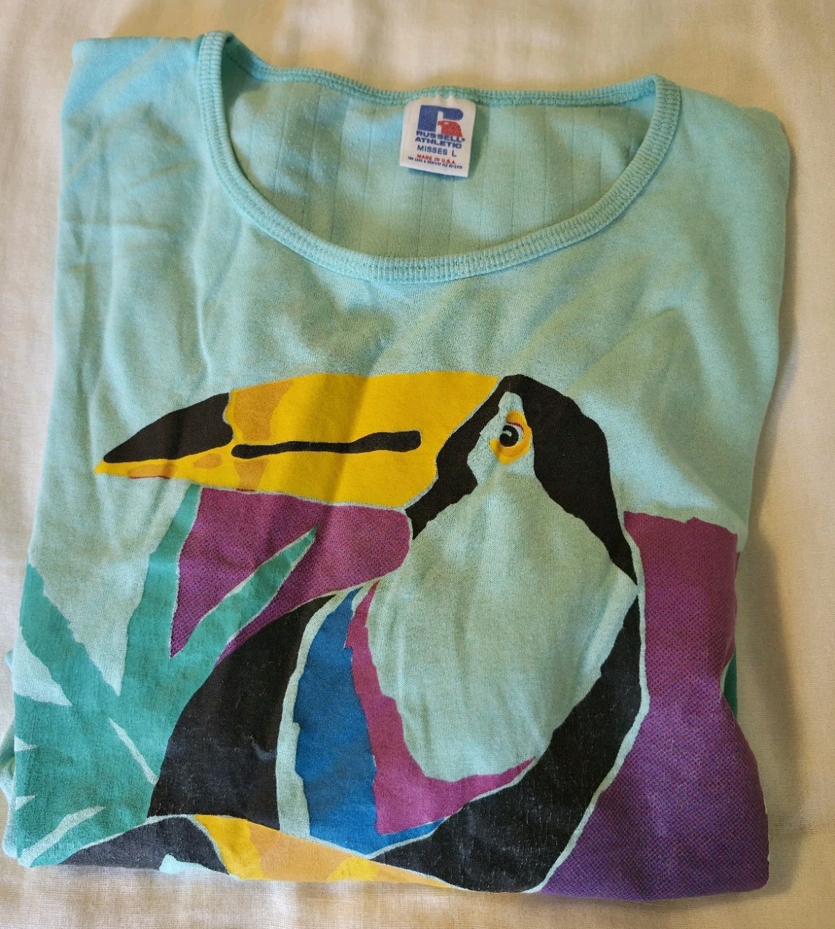 Vtg 1985 Russell Athletic Tropical Toucan T Shirt Womens Size L Single Stitch