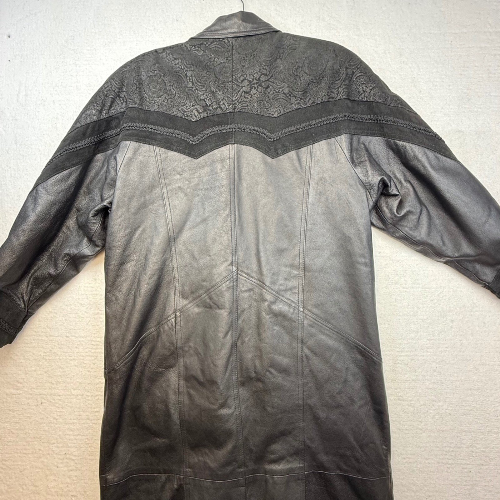 JF Leather Trench Coat Womens Medium Black VTG Retro 90s Lace Trim Western