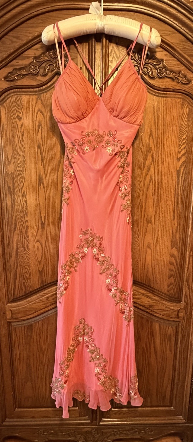 Vintage 90s Scala Coral Salmon Silk Beaded Mermaid Gown-M/L
