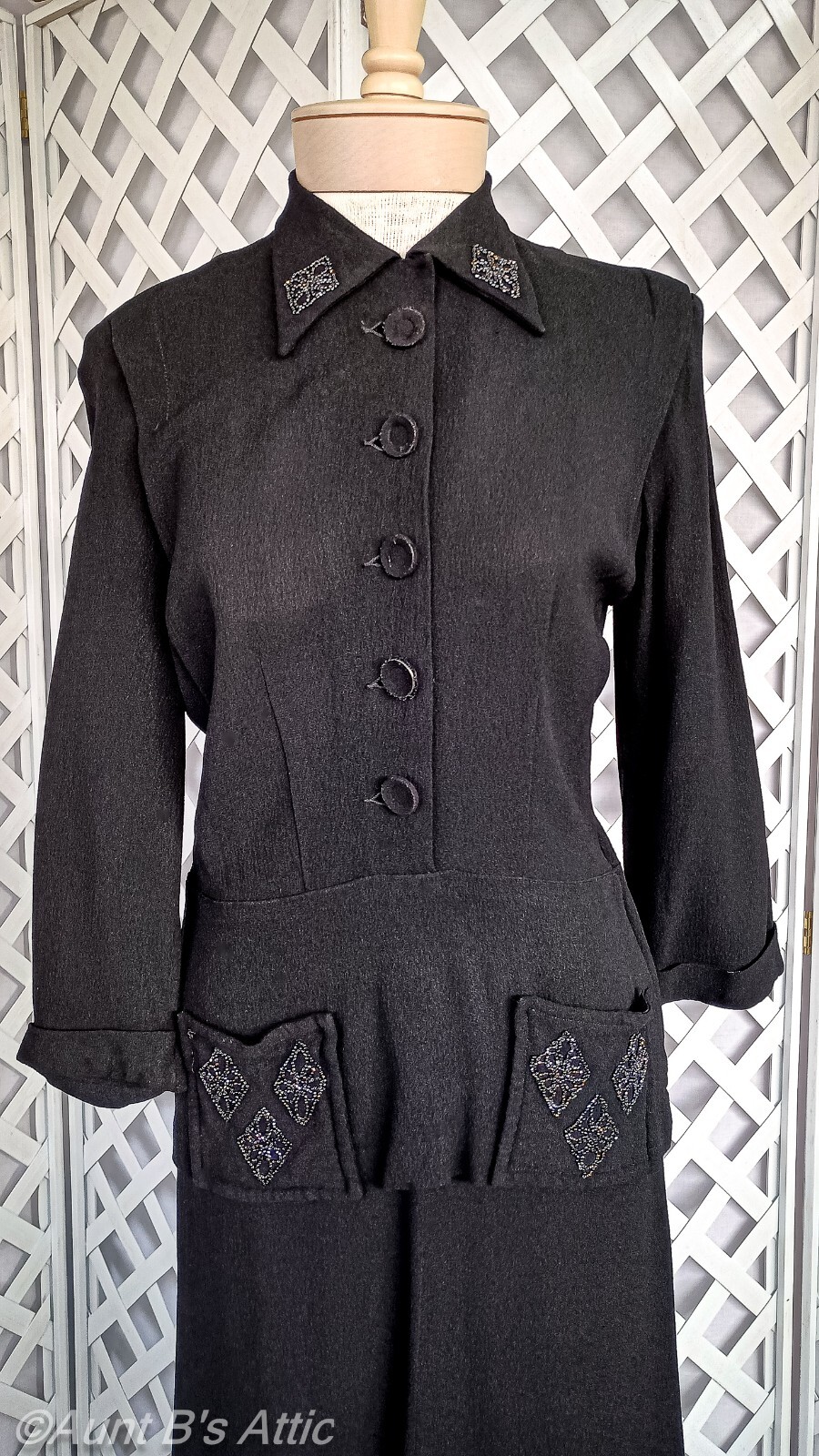 Vintage 40’s Black Textured Rayon Crepe W/ Bead Accent Pocketed Peplum Dress S/M