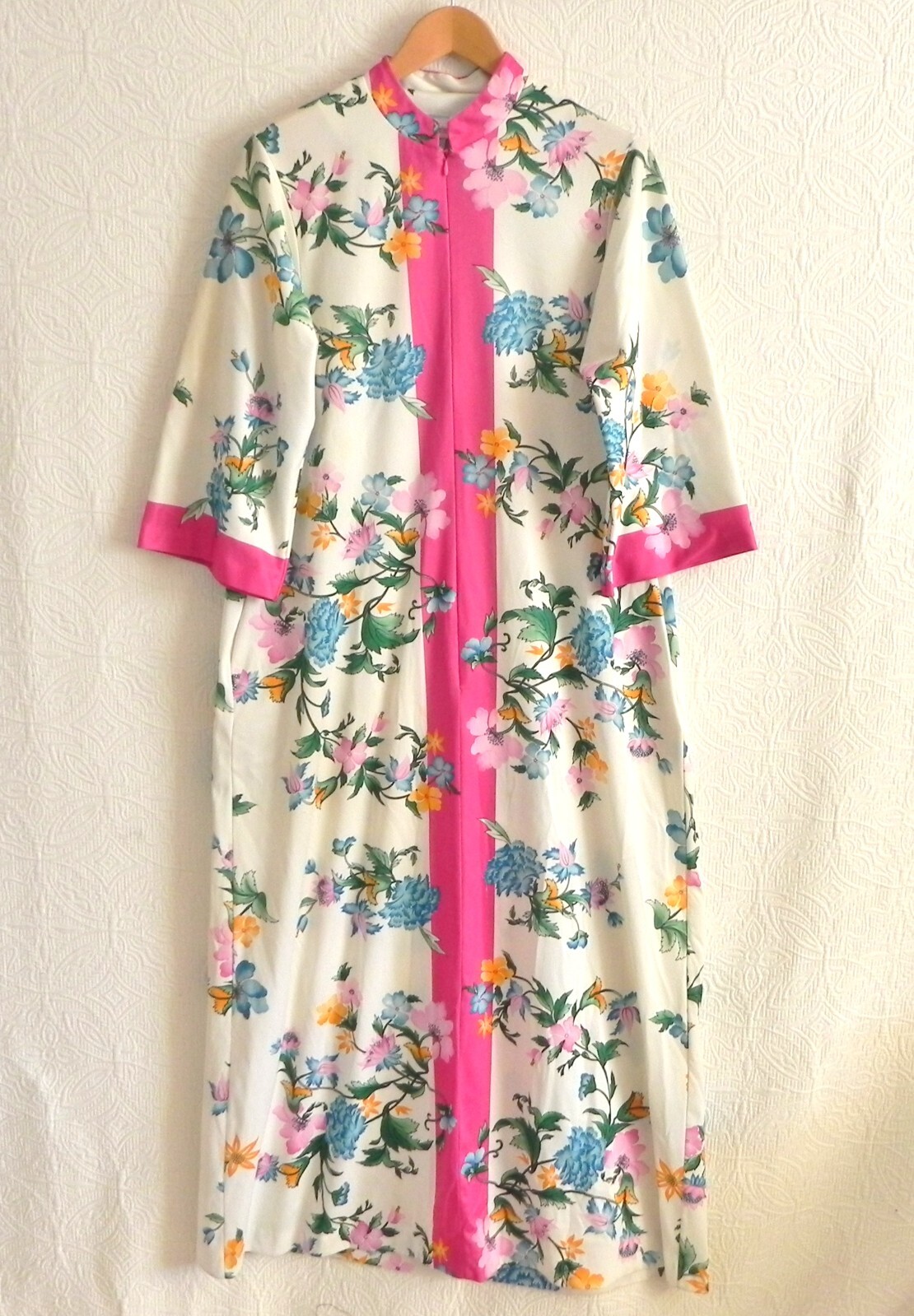 Vtg Evelyn Pearson Robe/Cover-Up Maxi 1/2 Zip Pockets Floral 3/4 Sleeve Size M