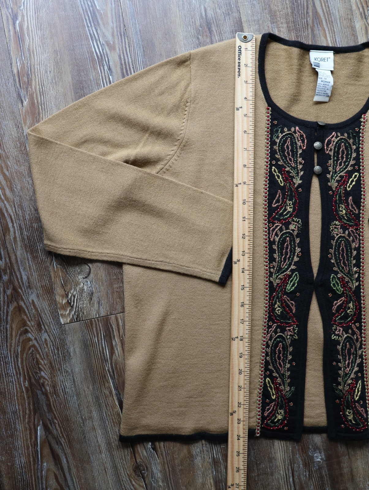 Vintage Koret Paisley Embroidered Beaded Cardigan Boho Tan Black Womens 1X
