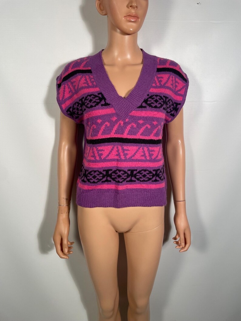 Vintage 1980s Fair Isle Geometric Angora Silk Blend Knit Sweater Vest Size S/M