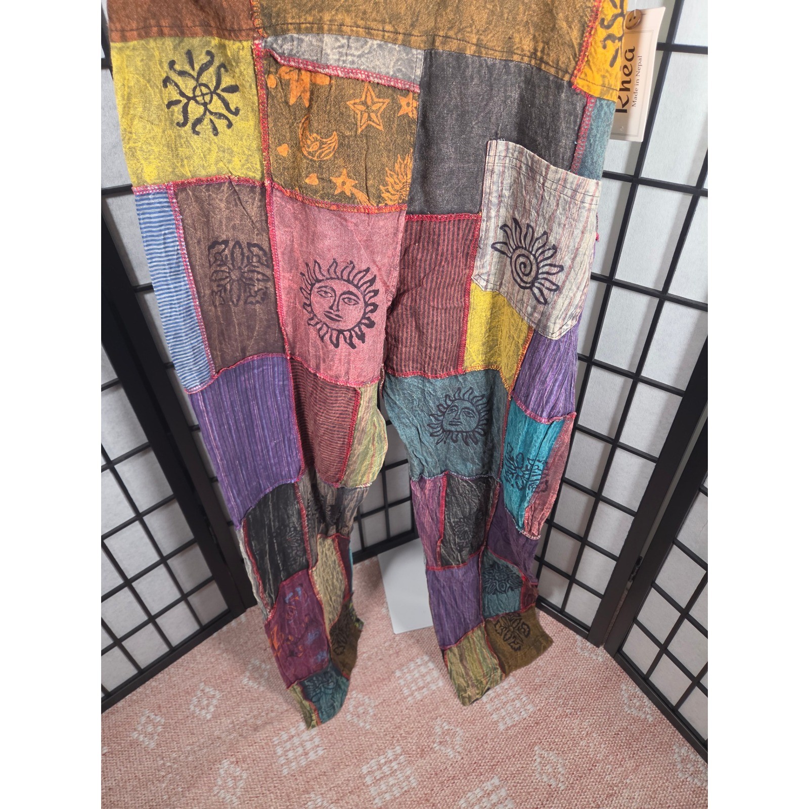 Patchwork Overalls Multi Color Block Print Hippie Festival Bib Jumpsuit LARGE