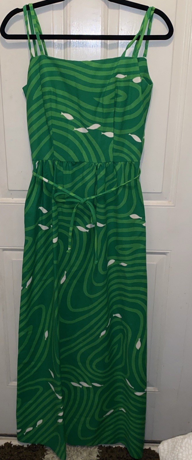 Vtg 60s Malia Honolulu Green Swirl Fish Spaghetti Strap Cotton Maxi Long Dress 8