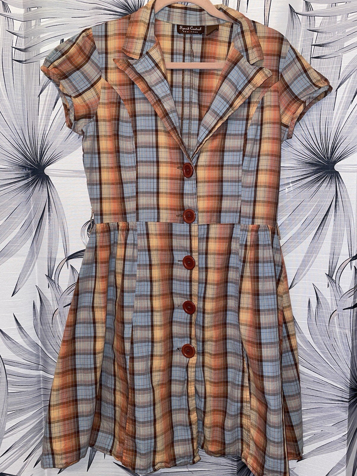 Speed Control NY Vintage Y2K 100%Cotton Plaid Button Up Dress Neutral Blues/Brwn