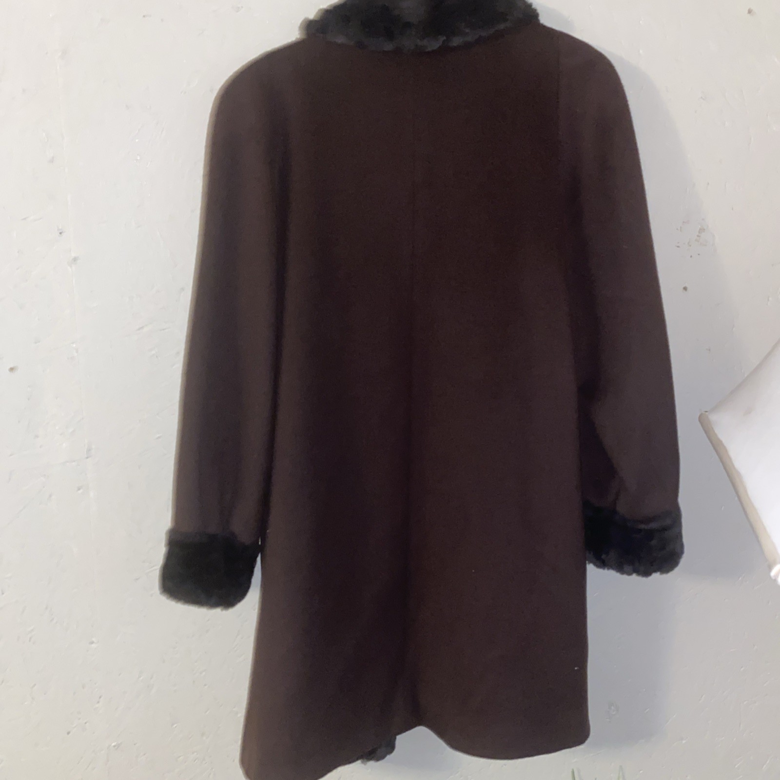 Alorna Brown Wool Coat with Black Faux Fur Trim, Vintage,75% Wool