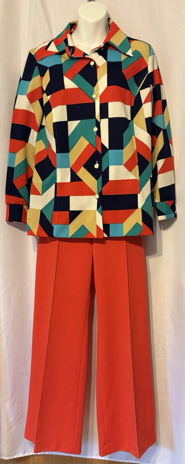 RARE Vtg 70’s 2 Pc Alex Coleman Suit Geometric Print Top Orange Pants Sz Sm