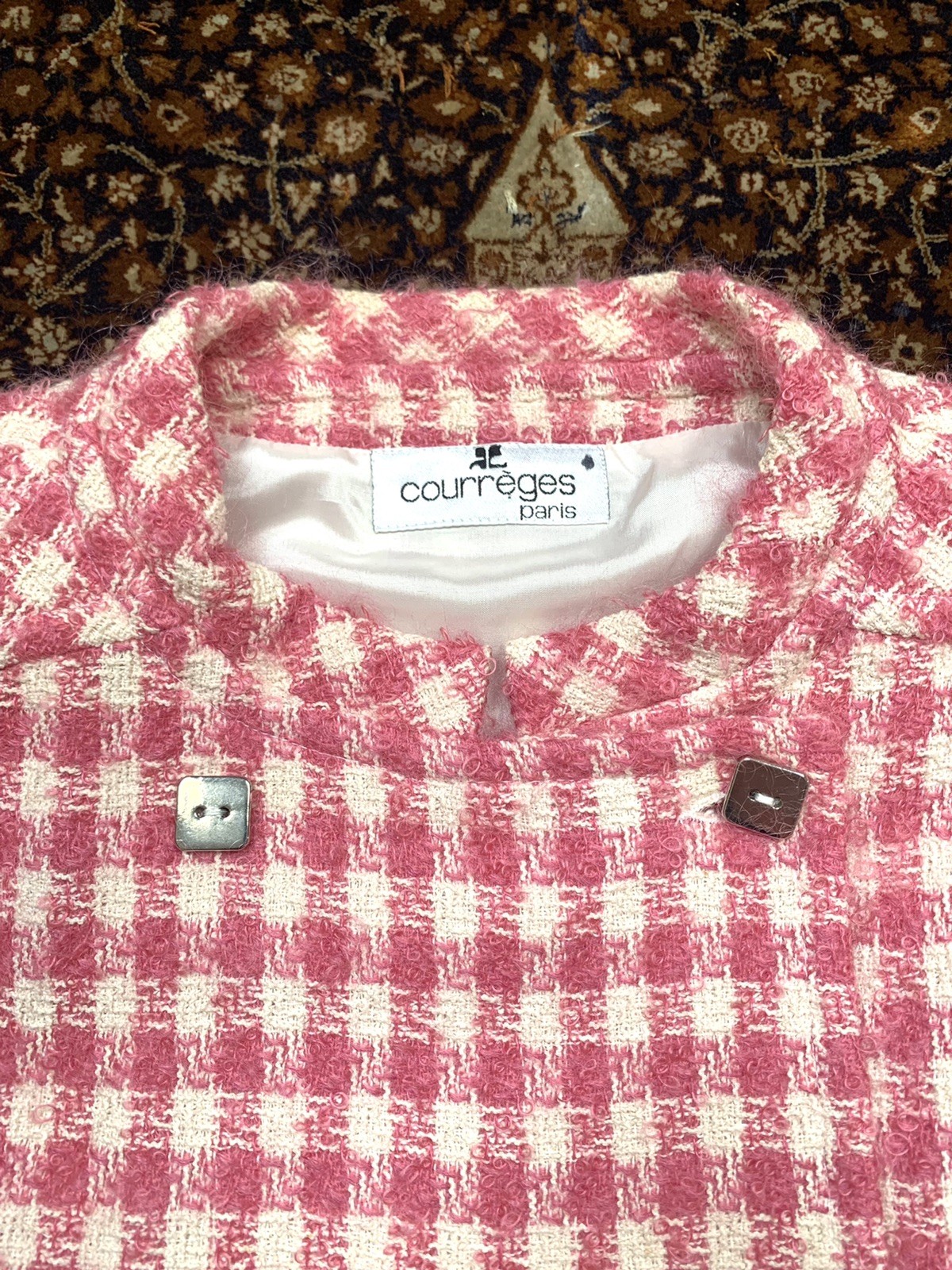 Vtg Courreges Skirt Suit Mohair Boucle Tweed Pink White Checks Womens 40 France