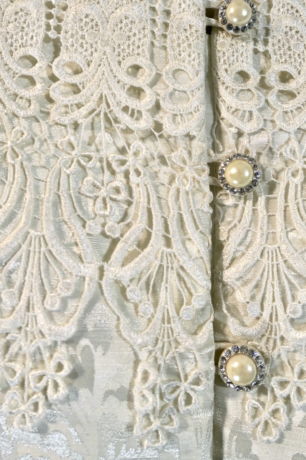 Size L White Vintage 80s Brocade Power Skirt Suit Set Rhinestone Dripping Lace