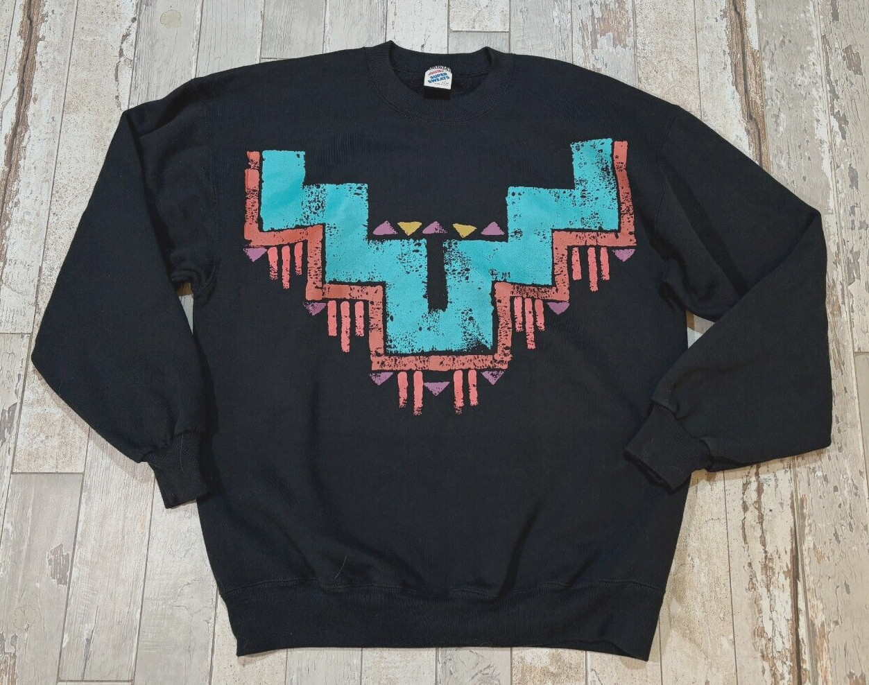 VTG 90s Jerzees Super Sweats Aztec Graphic Print Sweatshirt Black Size L Tribal