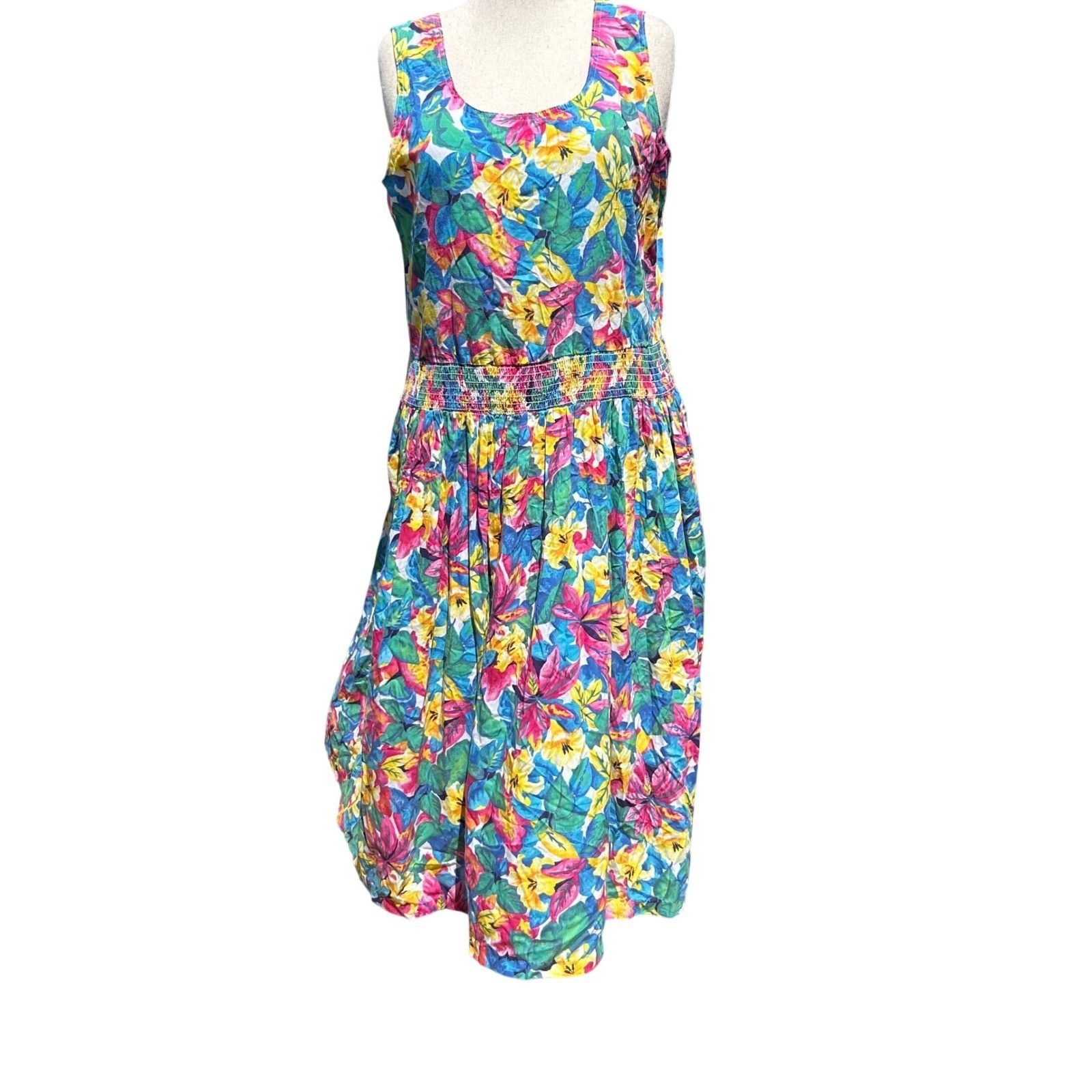 Womens Vintage 80s Floral Maxi Dress Multicolor Smocked Tropical Sand Dollars L