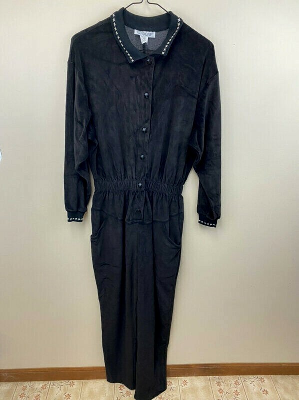 Ideas L Vintage Black Velour Jumpsuit Romper Collar Elastic Waist Pockets Snaps