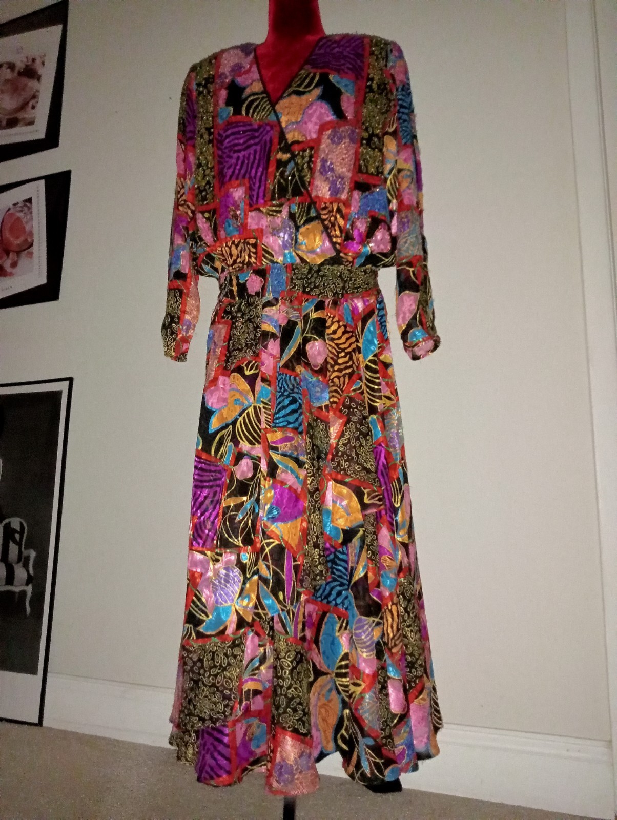 Vintage Diane Freis Georgette Maxi Dress purple turquoise black vibrant Boho