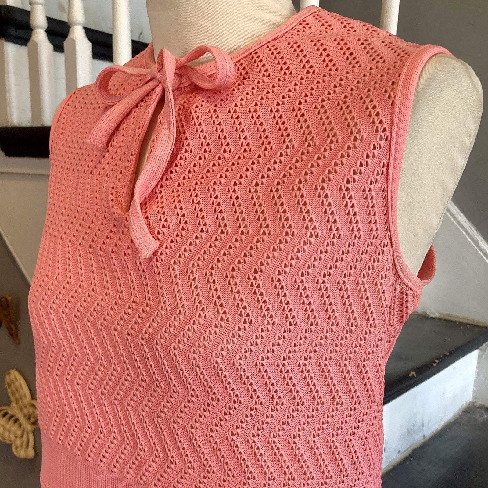 1970s Salmon Pink Coral Crochet Polyester Twinset Shell Jacket Mod Disco Spring