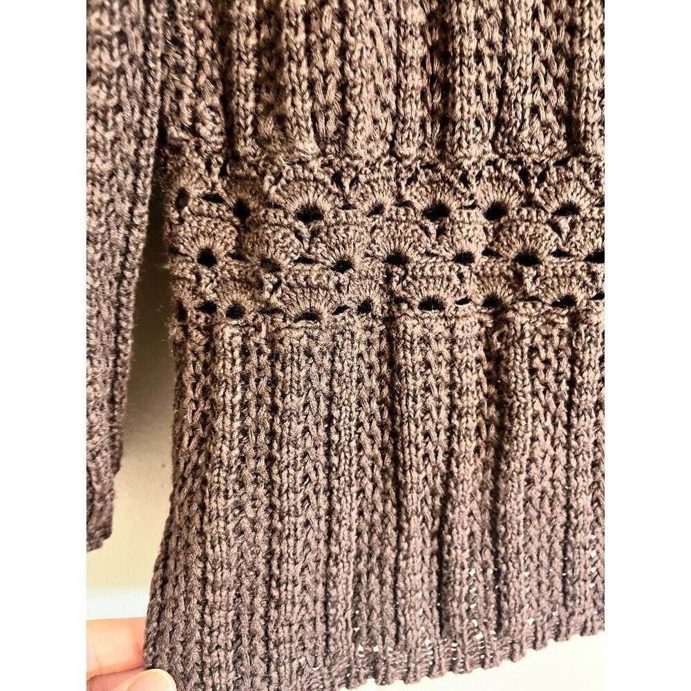 Retro Knit Sweater M Brown Floral Scalloped Classic Boho Western Hippie Indie