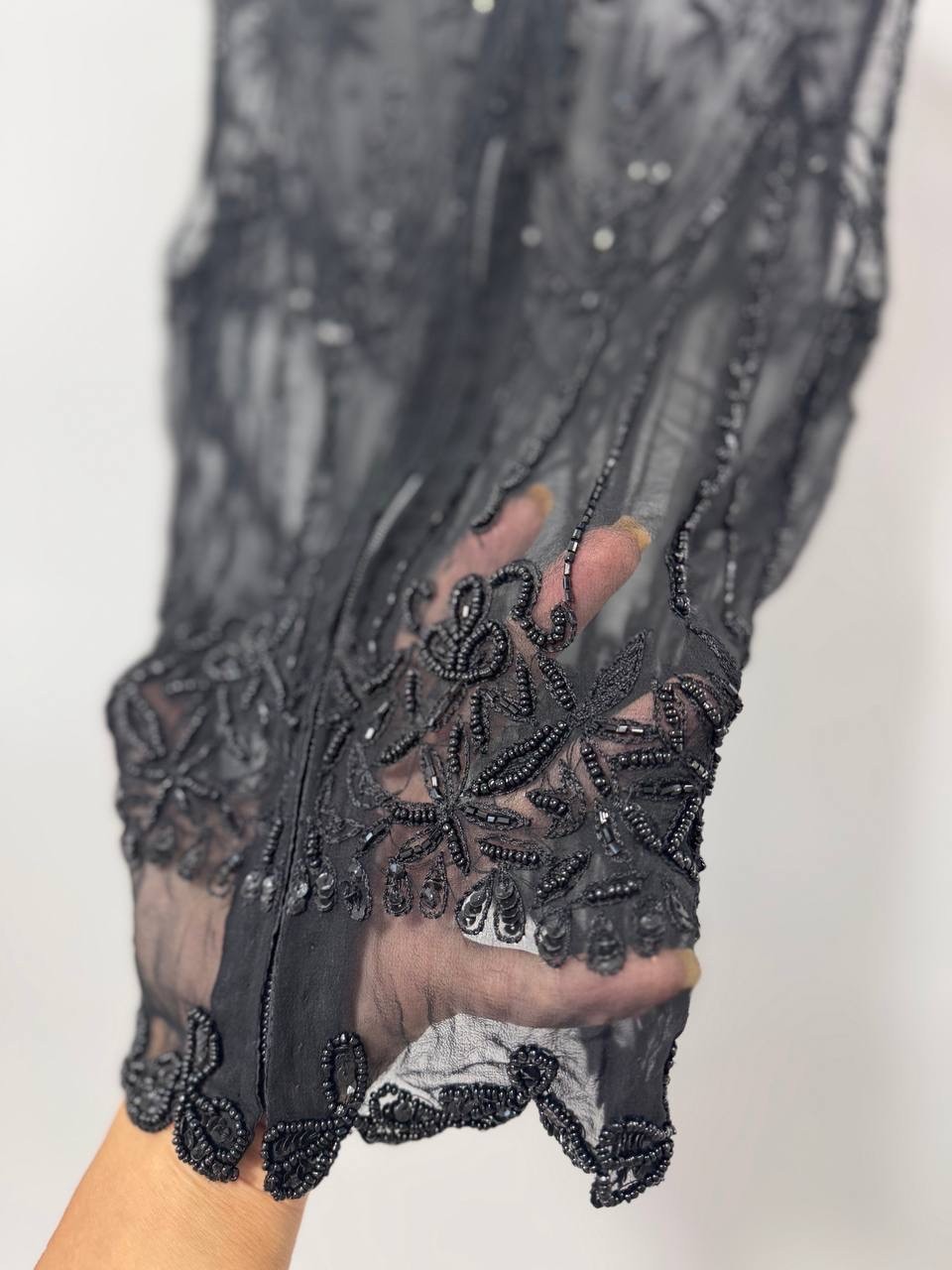 Vintage Black 100% Silk Hand Beaded Sheer Top Women’s Size S Art Deco Style Made