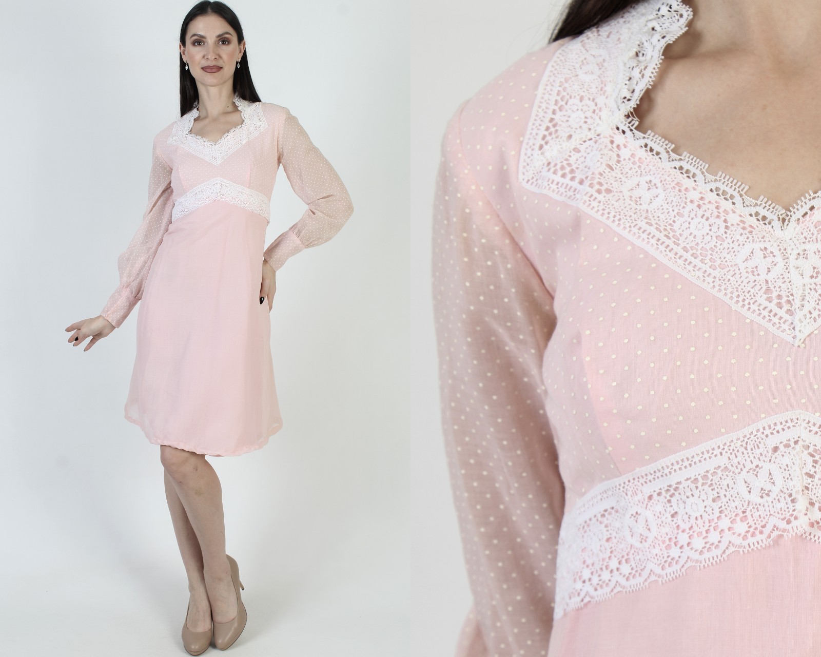 Vtg Pink Swiss Dot Dress High Waist Lace Barbiecore Sheer Boho Prairie Wedding