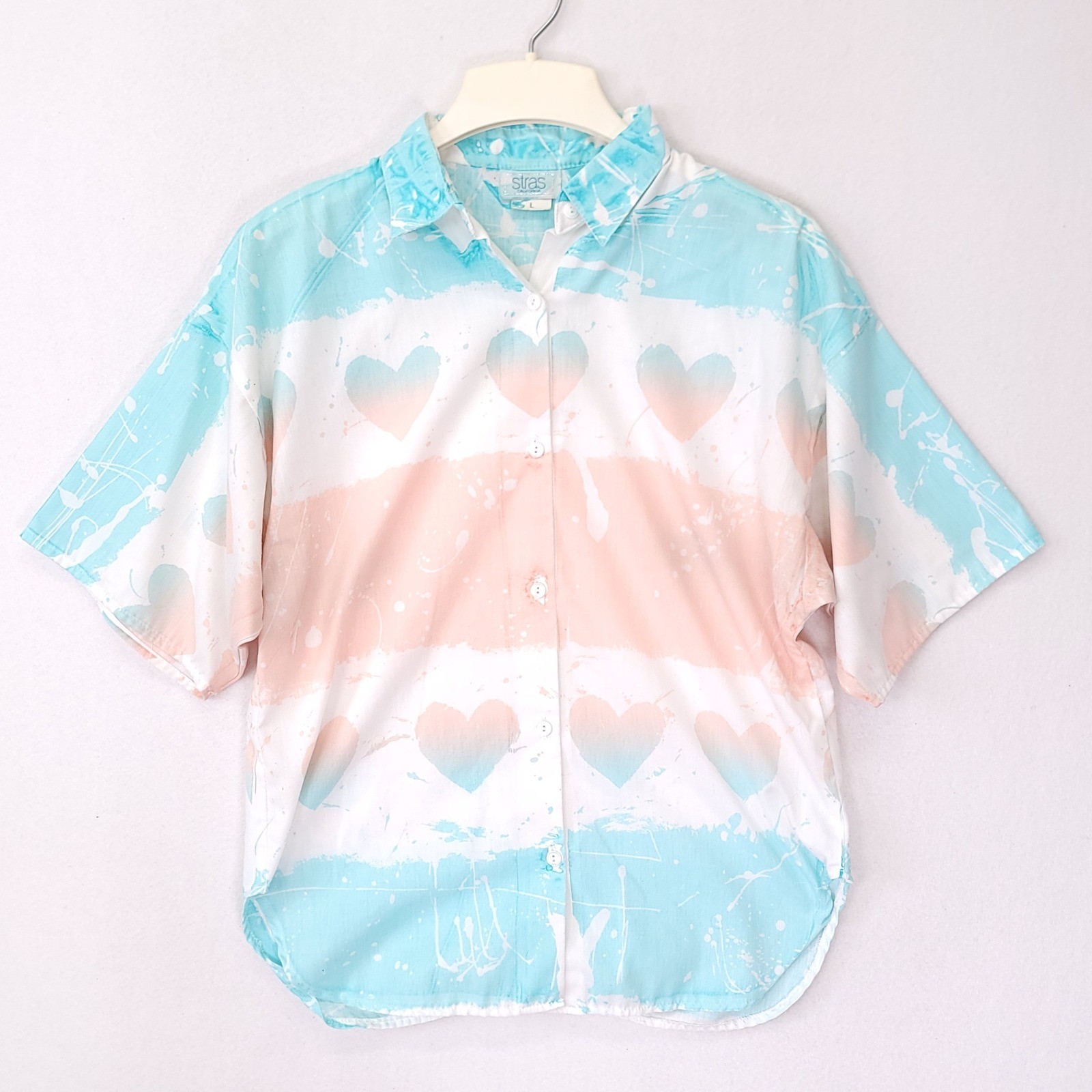 Vintage Stras California Heart Paint Splatter Shirt Pastel Turquoise Peach L
