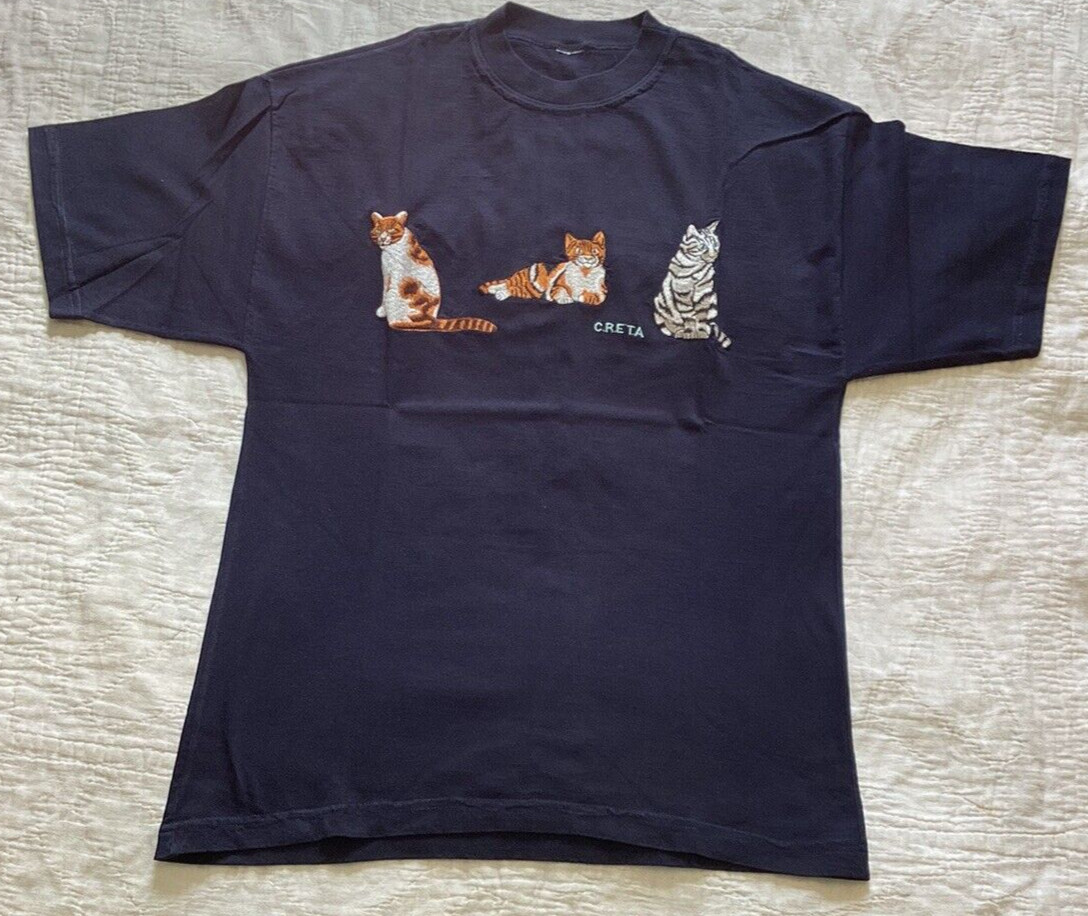Womens Cats T Shirt Embroidered Creta Crete Greece SZ ? Dark Blue Vintage