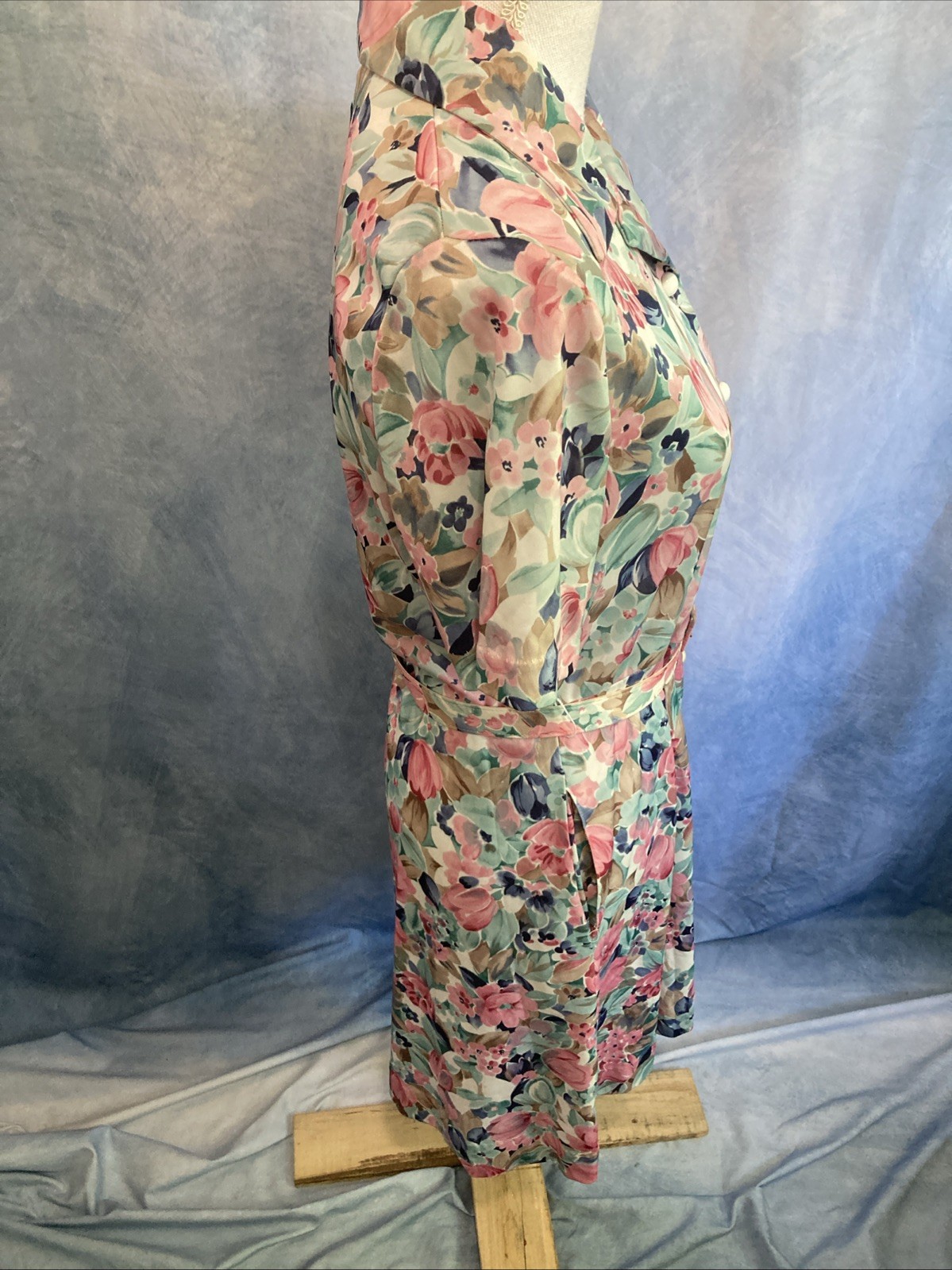 Vtg BLAIR Floral Shirtdress Pastel Pink Blue Midi Dress 80s Does 70s Style XS