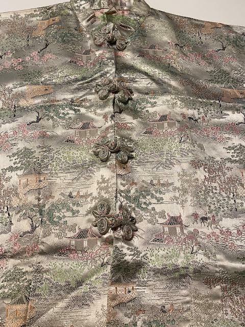Vintage Asian Silk Women’s Blouse Top Silver Country Scene