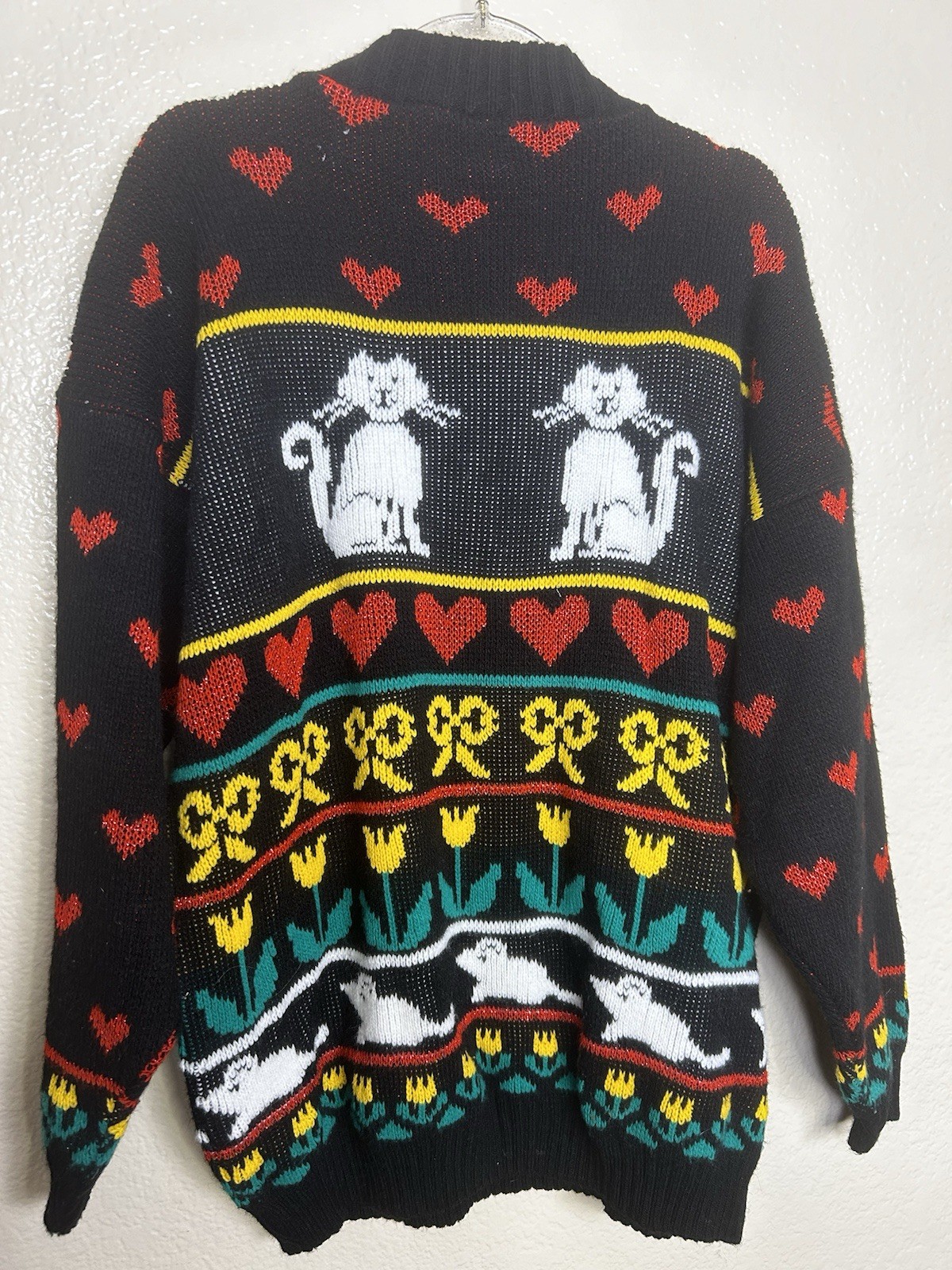 Vintage 80’s Adele Knitwear Knit Sweater Cat & Mice USA Med/Lg Oversized Lurex