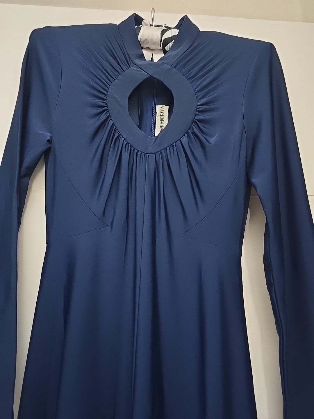 Vintage Robert-David Morton Navy Blue Jersey Gown | Keyhole Neck Maxi Dress 70s