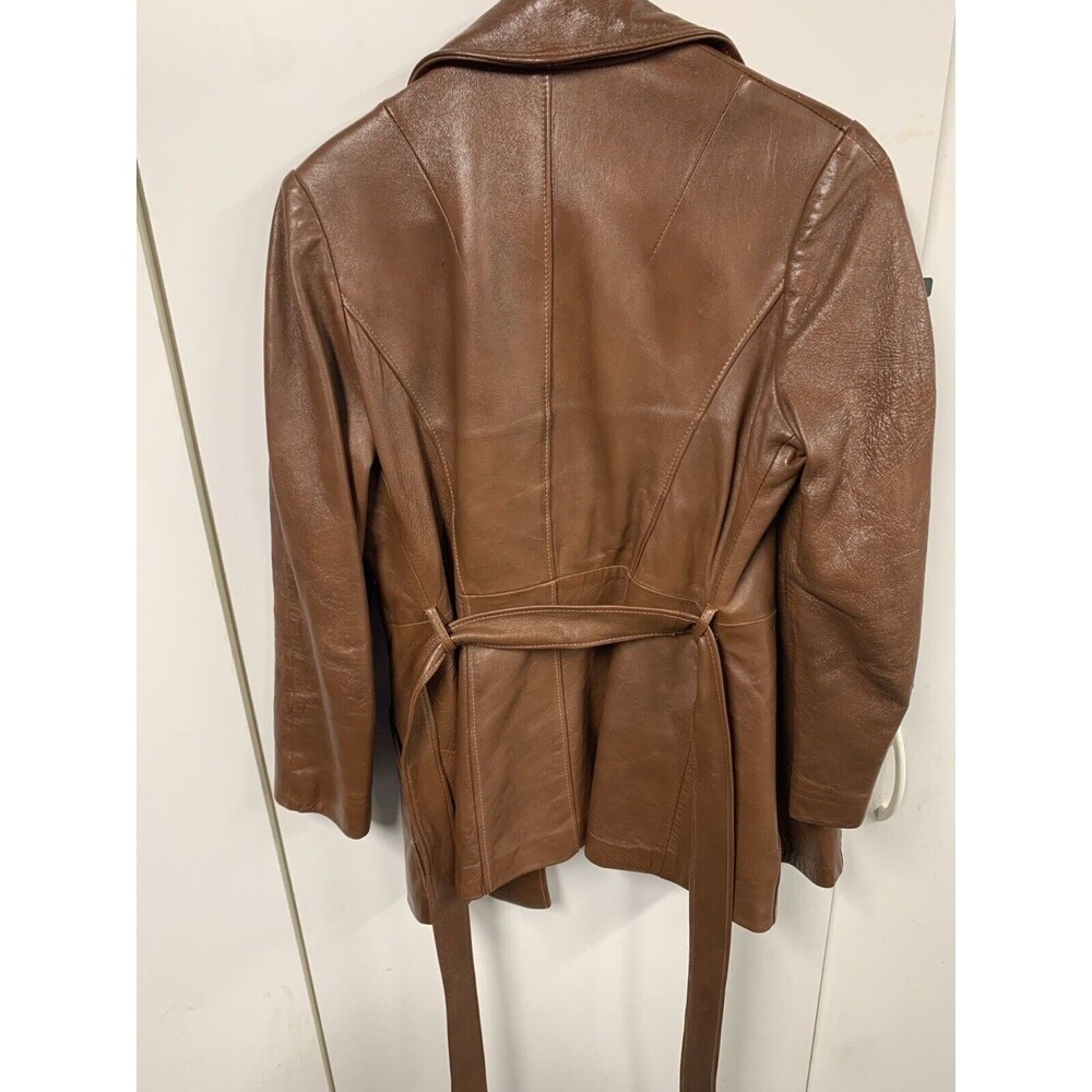 Hoffmans Vintage Brown Leather Satin Lined Womens Belted Jacket 70s Size 12