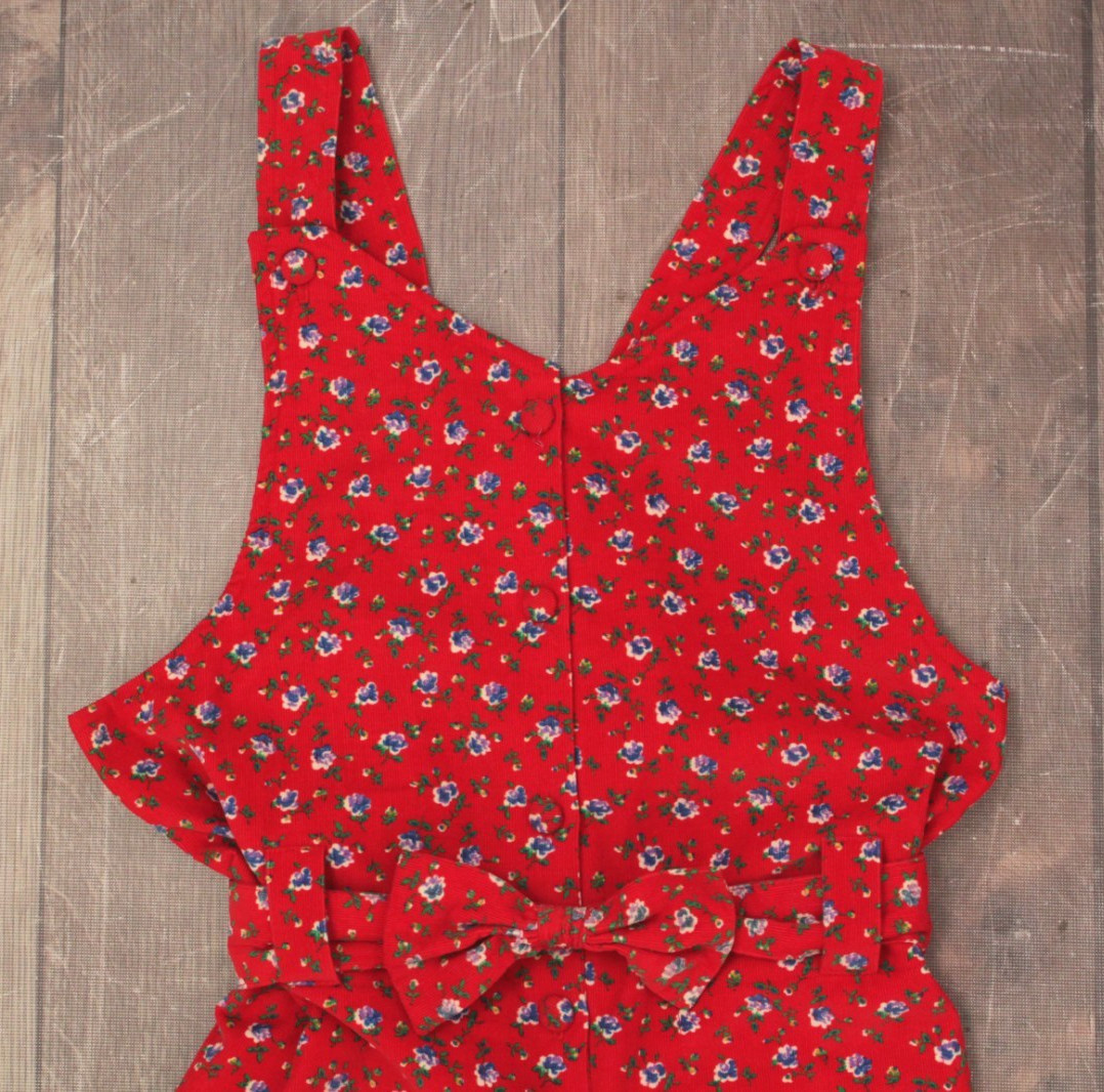 Vtg Womens 80s 90s Red Floral Laura Ashley Fabric Corduroy Jumpsuit W/ Belt XS/S