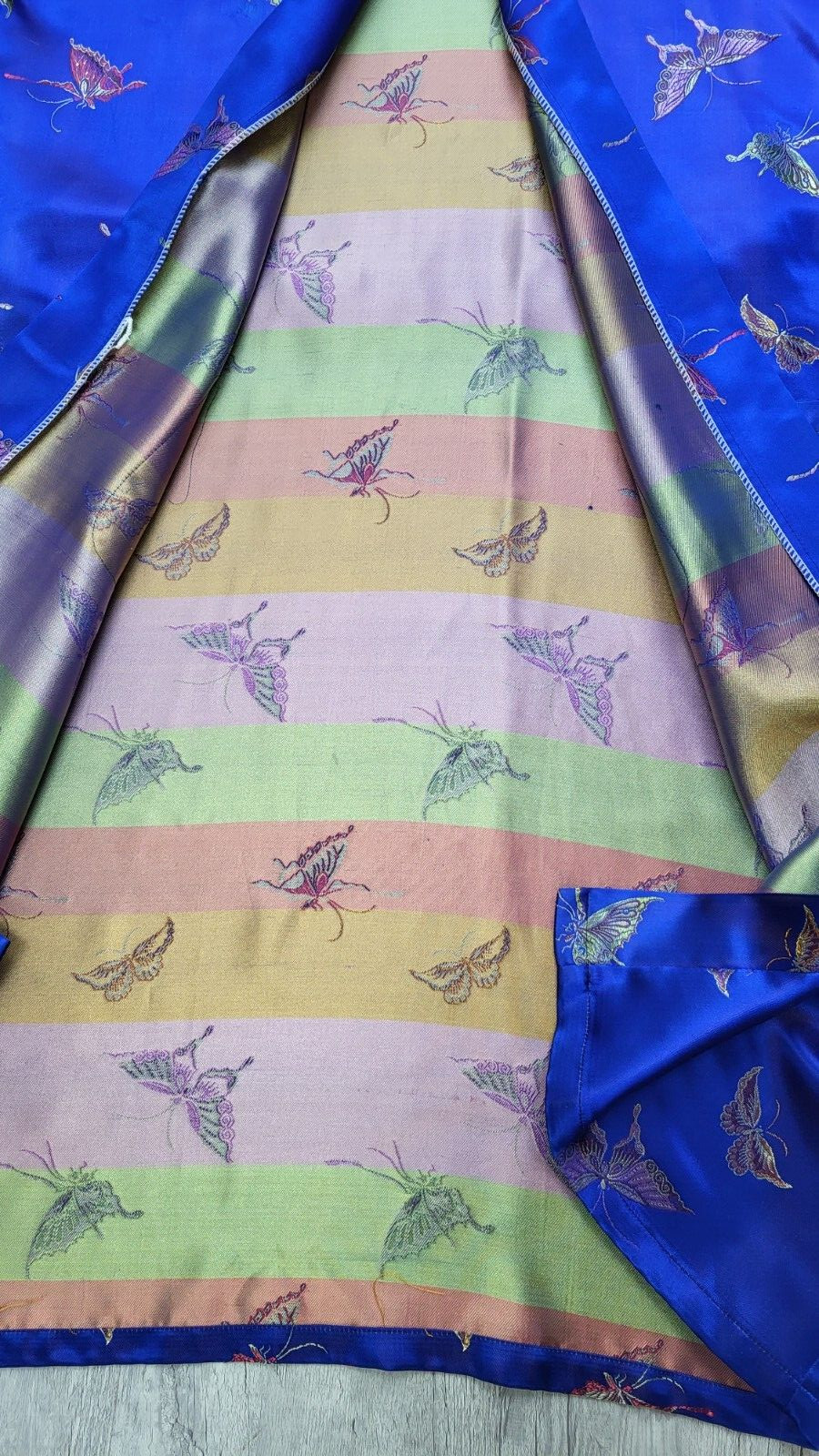 Vintage MEI GUI Blue Satin Butterfly Jacquard Japanese Silk Kimono Robe w/ Belt