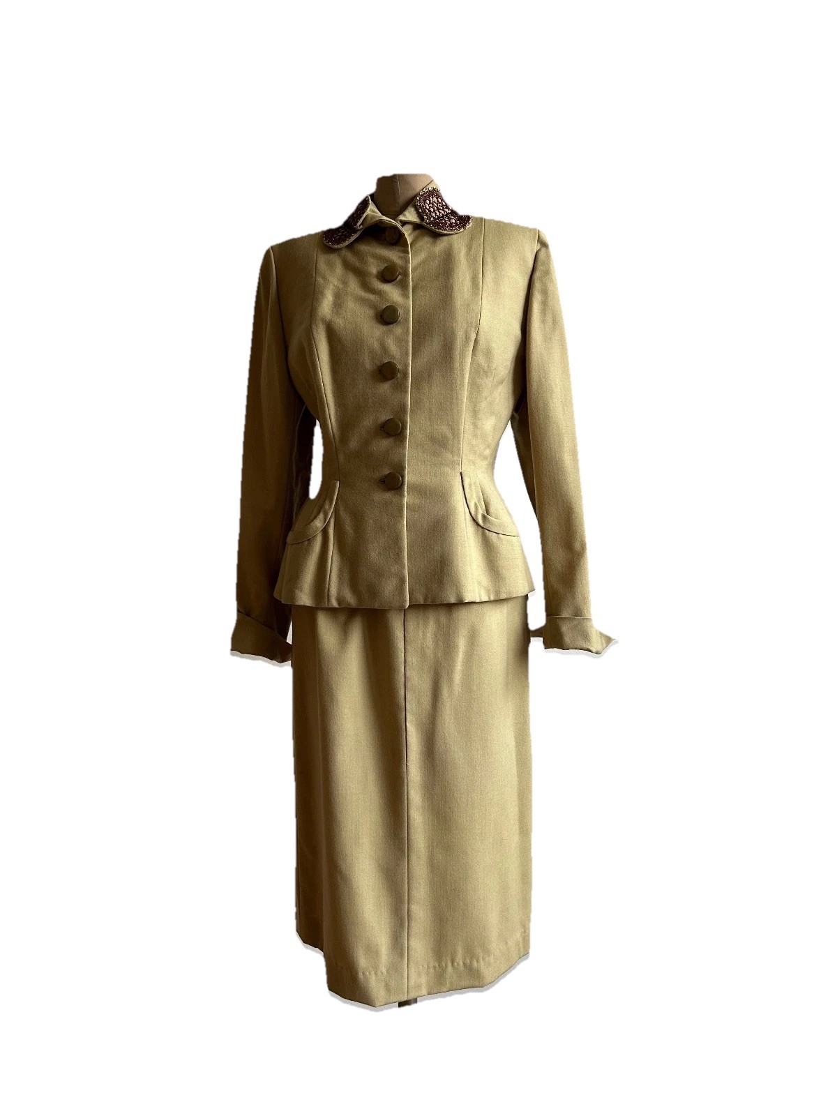 Vintage 1940s Courtshire Fashion Wool 2pc Suit Khaki Tailored Maisel WW2 Era S M