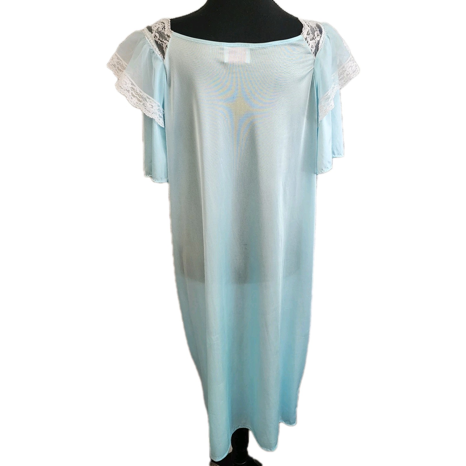 Vintage 80s Romantic Moods Nylon Nightgown Lace Trim Blue Ruffle SZ M Cottagecor