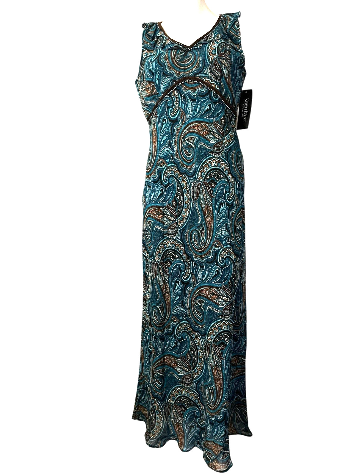 Karen Kane Medium V Neck Beaded Brown Green Paisley Maxi Dress Ruffle Lined Vtg