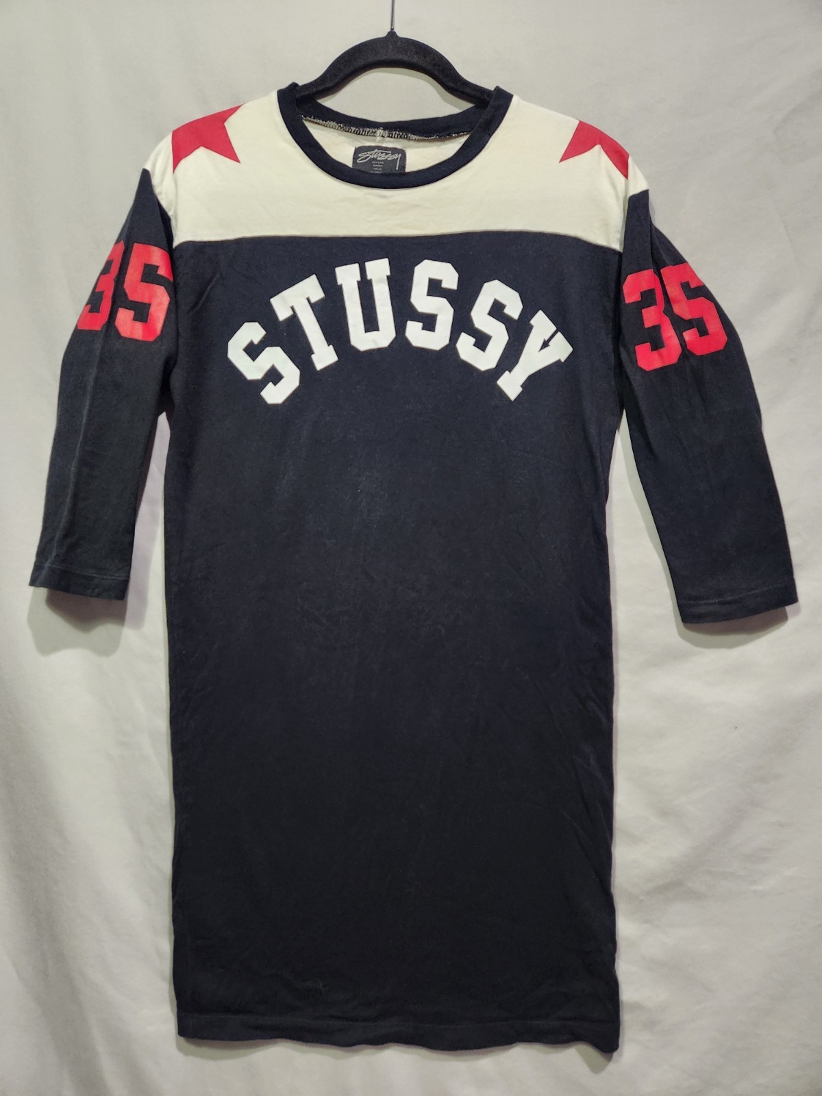VTG Stussy Double Star Jersey Dress Number 35 Spell Out Black Red White Japan