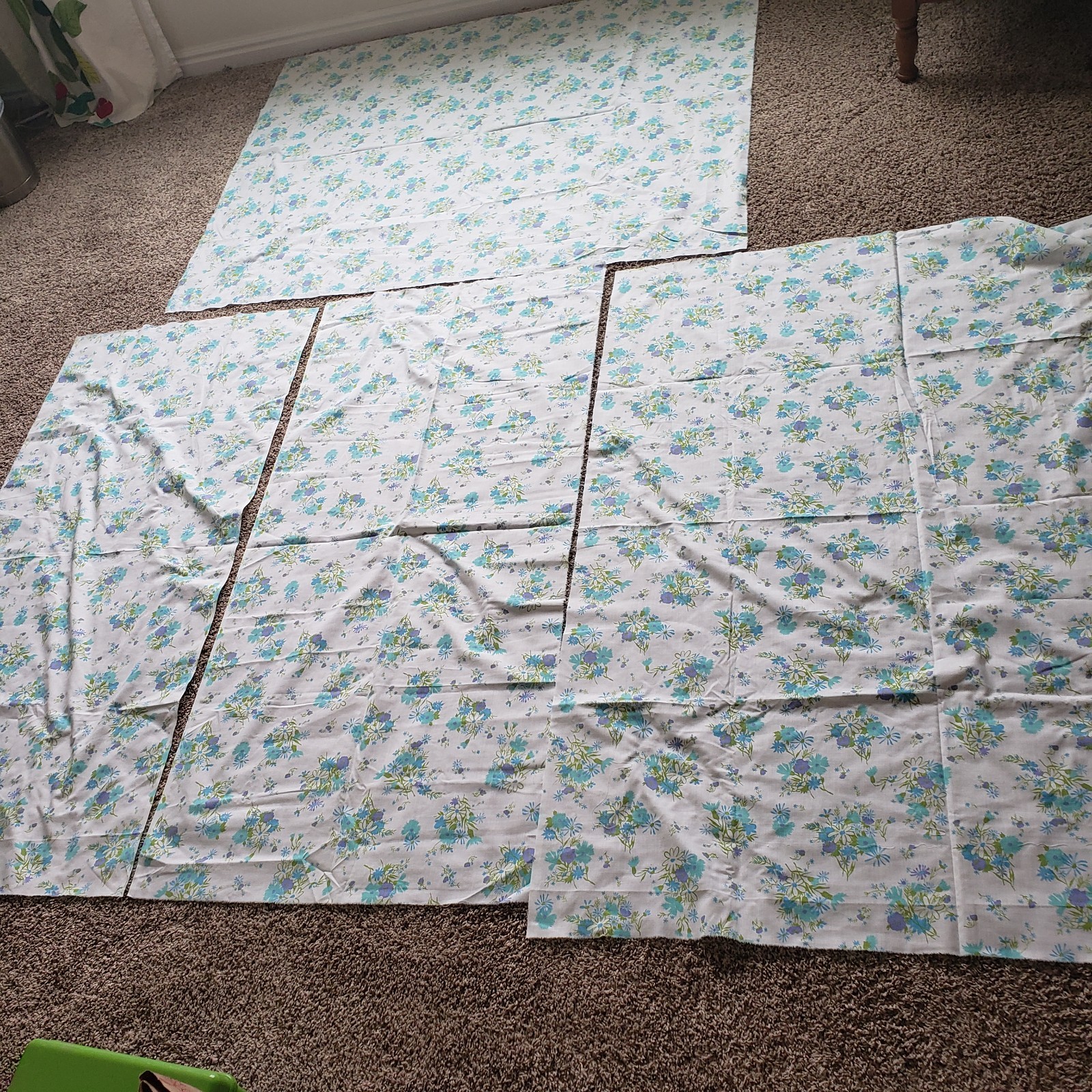 1960s Vintage Cotton Aqua Blue Mint White Floral Lot Of 4 Remnants #81