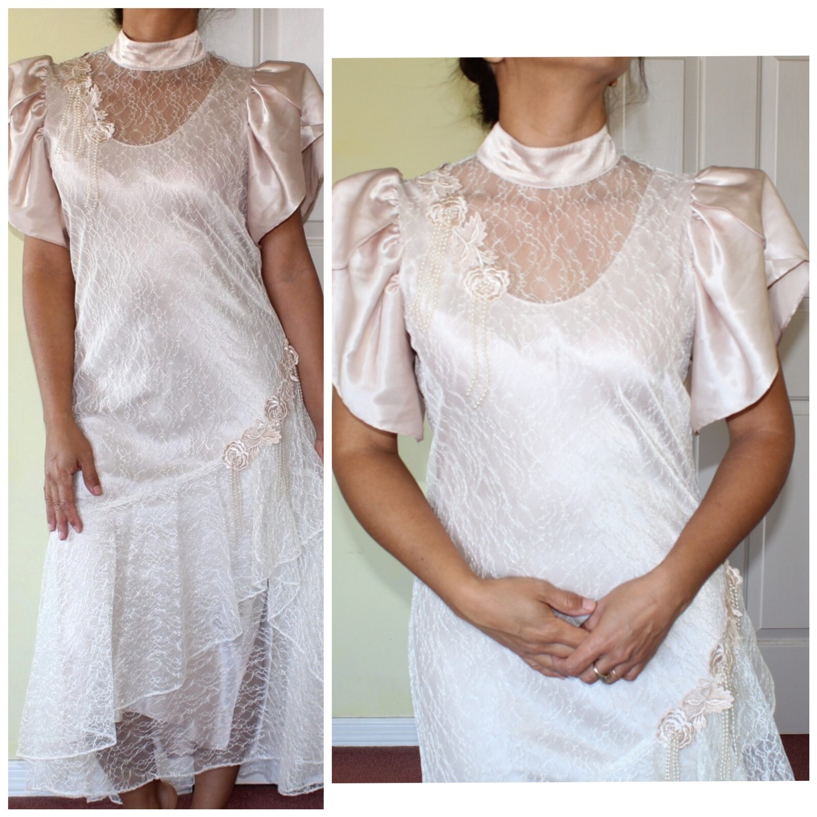 Vtg Cachet by Bari Protas Midi Lace Dress Floral Beaded 9/10 Champagne Victorian