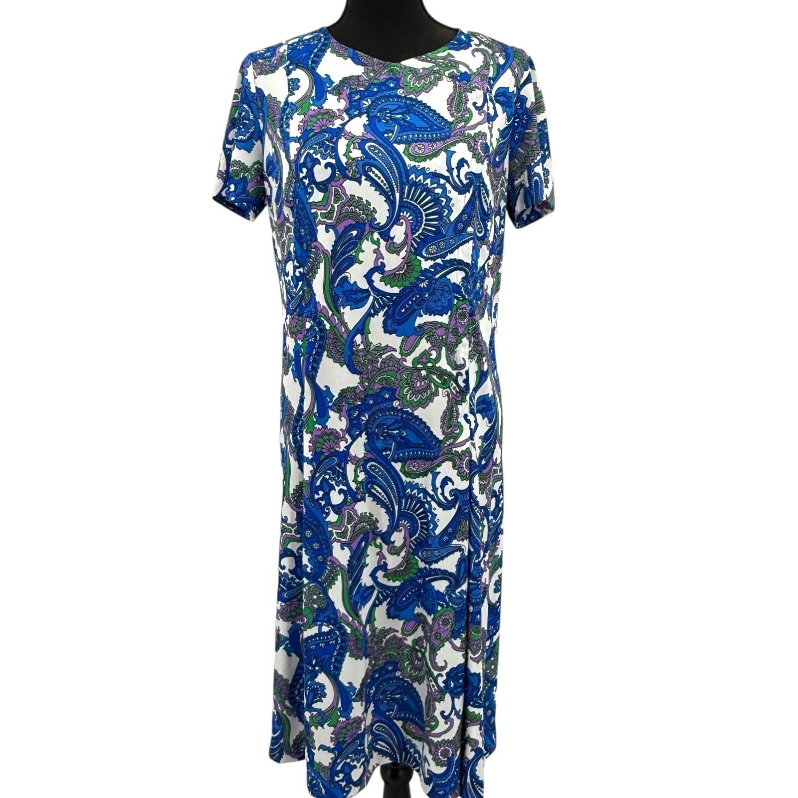 Shelton Stroller Dress Women 60s White Blue Paisley Print Flower Front Zip