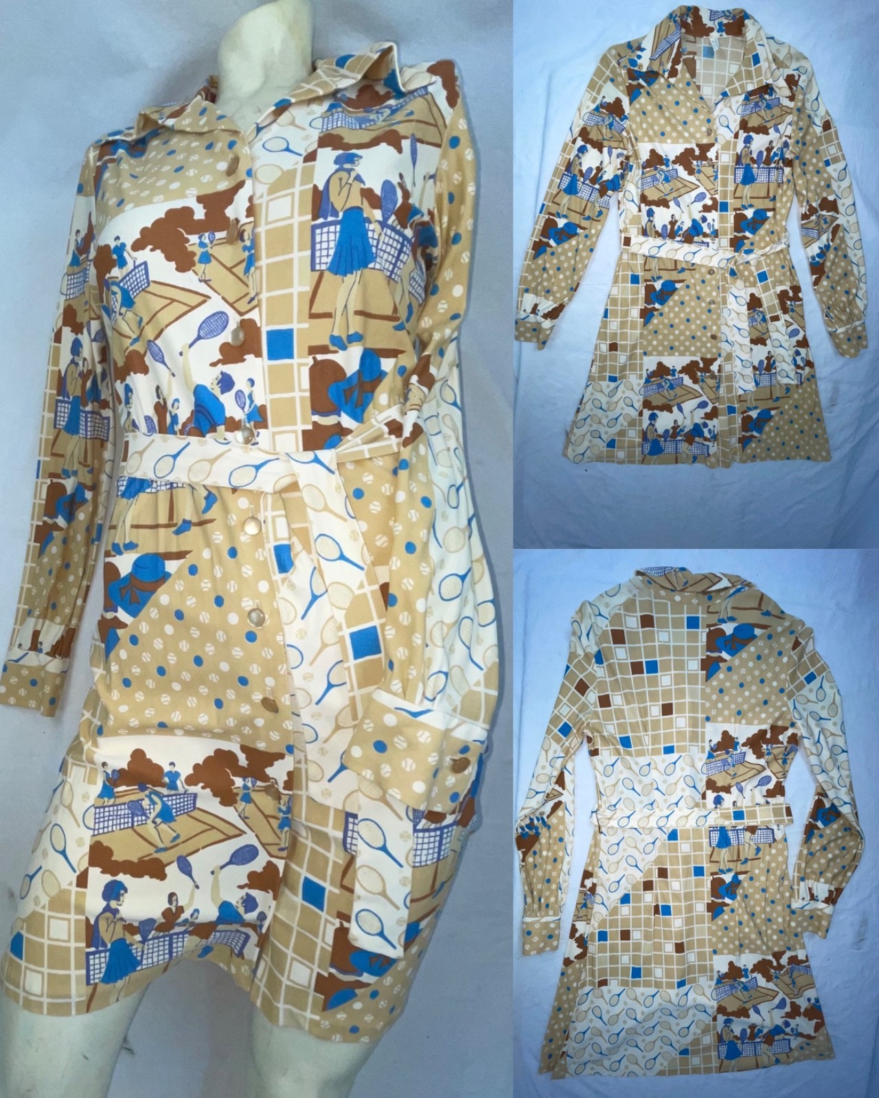 VTG 60S 70S WOMENS S TENNIS ALL OVER PRINT DISCO RETRO FUN CUTE DRESS