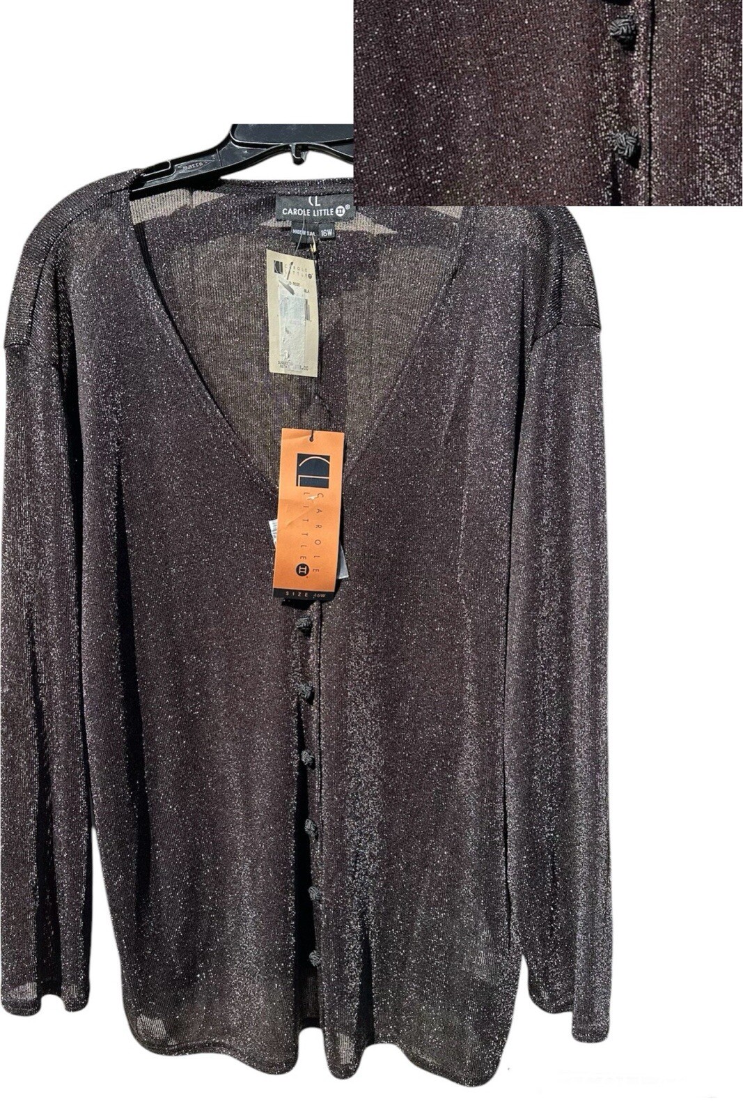 Vintage 90s NWT CAROLE LITTLE Sparkle Cardigan Size 16 Black Glamour Knit Jacket
