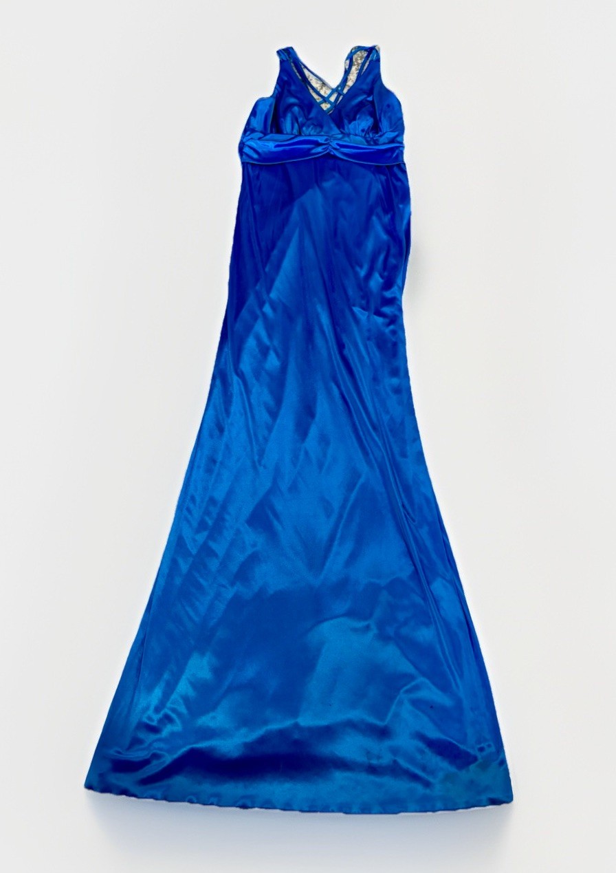 Vtg 90s TABOO Silky Low Back Prom Dress Blue Maxi Gown Slinky Slip Vneck 11/12